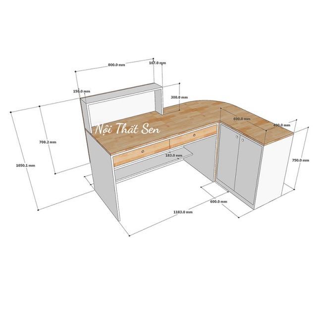 Quầy lễ tân chữ L gỗ tự nhiên kết hợp kính