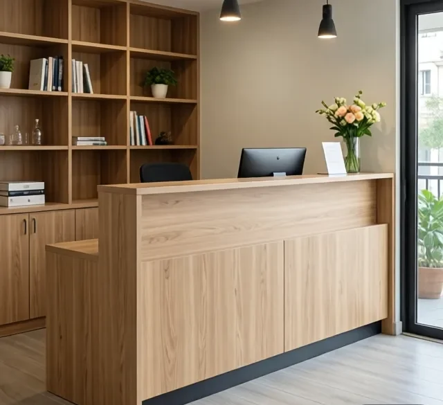 Quầy lễ tân gỗ công nghiệp giá rẻ 6 Quay le tan go cong nghiep gia re 1 e1777264440466