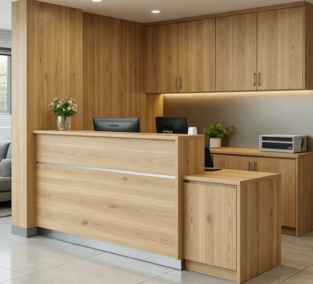 Quầy lễ tân gỗ công nghiệp giá rẻ 10 Quay le tan go cong nghiep gia re 5 e1777264624240