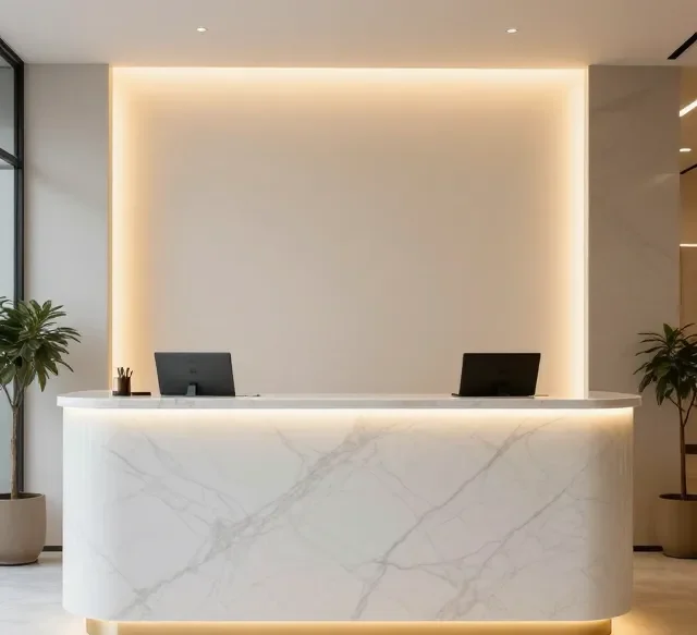 Quầy lễ tân nhỏ gọn tiết kiệm diện tích 6 Quay le tan nho gon tiet kiem dien tich 1 e1777276577608