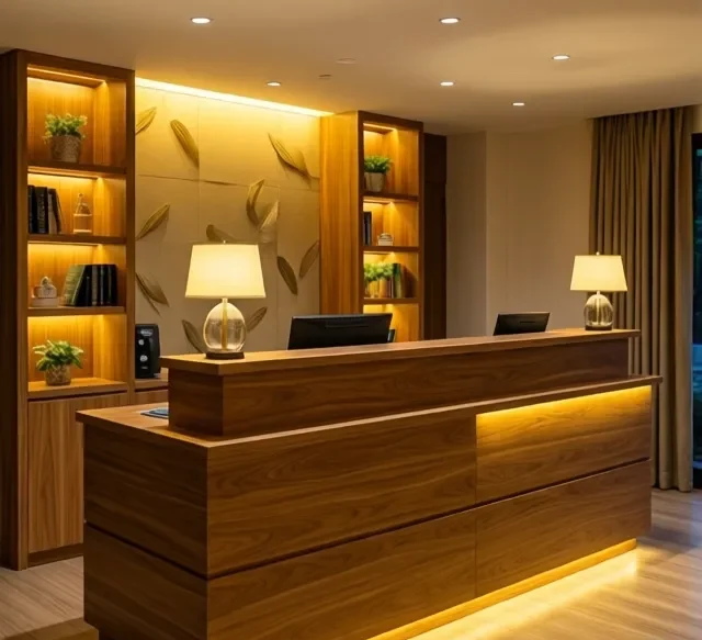 Xu hướng quầy lễ tân hiện đại 6 Xu huong quay le tan hien dai 1 e1777340534555