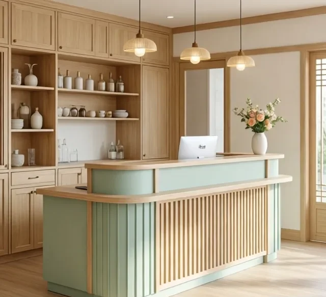 Xu hướng quầy lễ tân hiện đại 7 Xu huong quay le tan hien dai 2 e1777340657296