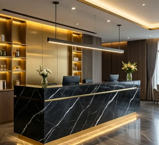 Xưởng thi công quầy lễ tân uy tín 10 Xuong thi cong quay le tan uy tin 5 e1777277633418