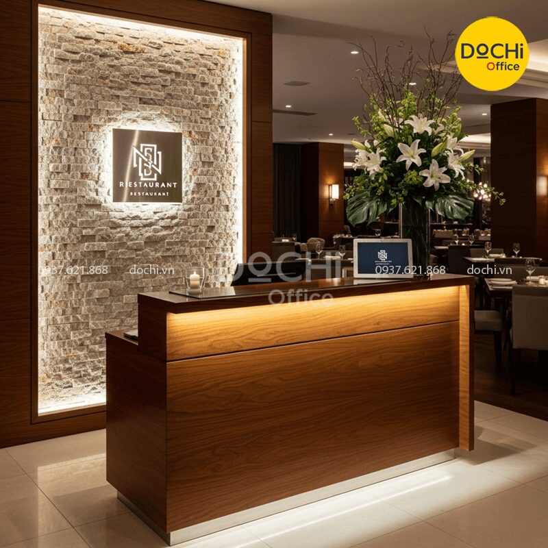Quầy lễ tân đá phong cách luxury 8 bàn làm việc văn phòng