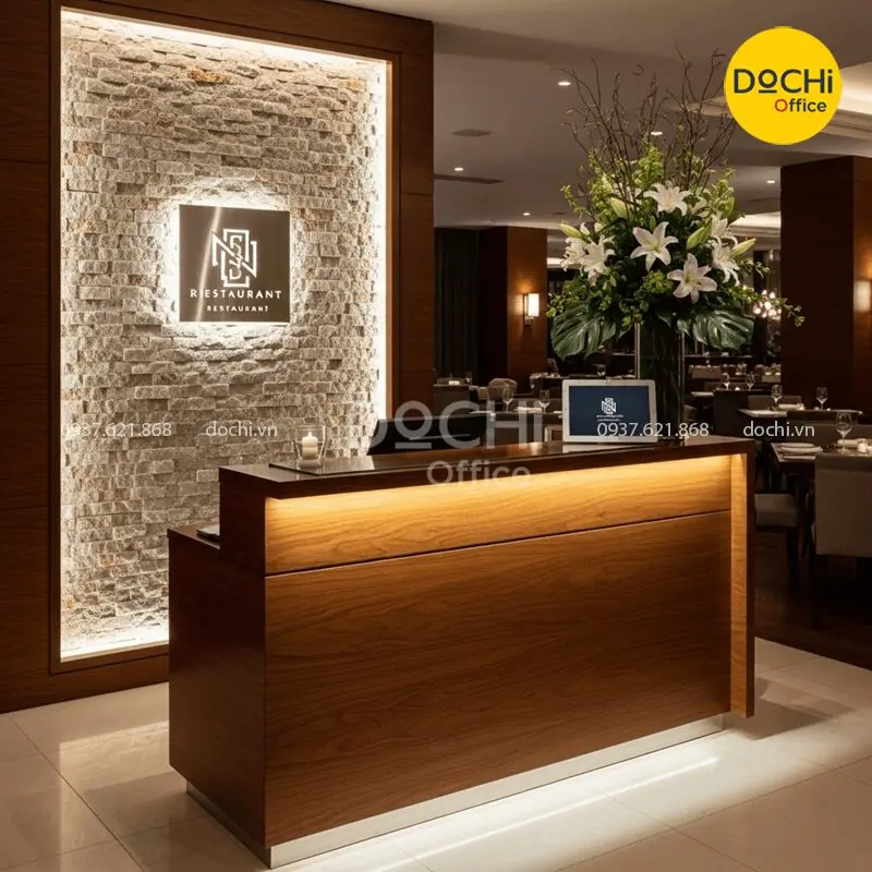 Quầy lễ tân đá phong cách luxury 8 bàn làm việc văn phòng