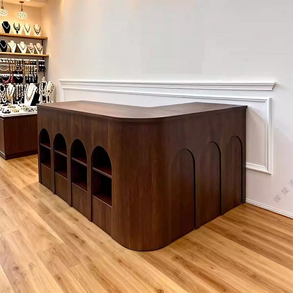 Quầy lễ tân chữ L gỗ MDF mặt vân gỗ tự nhiên